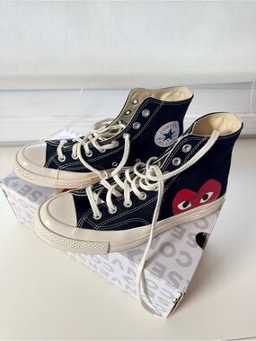 Converse Play High-Top Sneakers in Black and Cream with Red Heart Logo